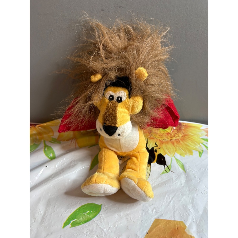 Vintage Plush Lion Stuffed Animal with Wild Mane and Red Cape Yellow